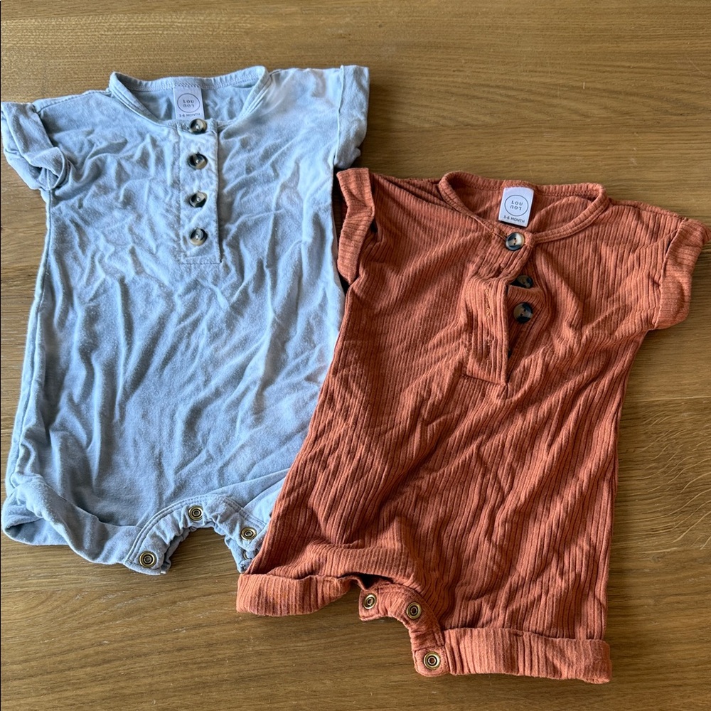 2 Lou Lou and company Baby Romper Sets - Light Blue & Rust. Size 3-6 months